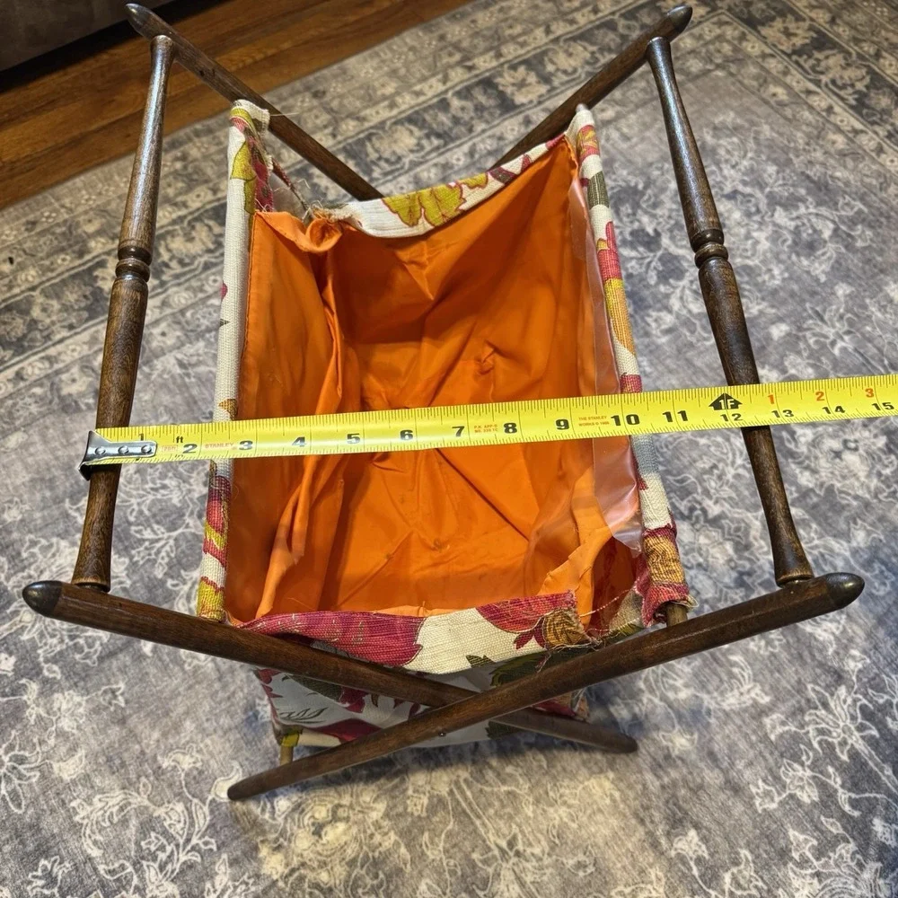 Vtg Sewing Caddy Tote Knitting Basket Yarn Stand Wood Frame Floral *See Pics*